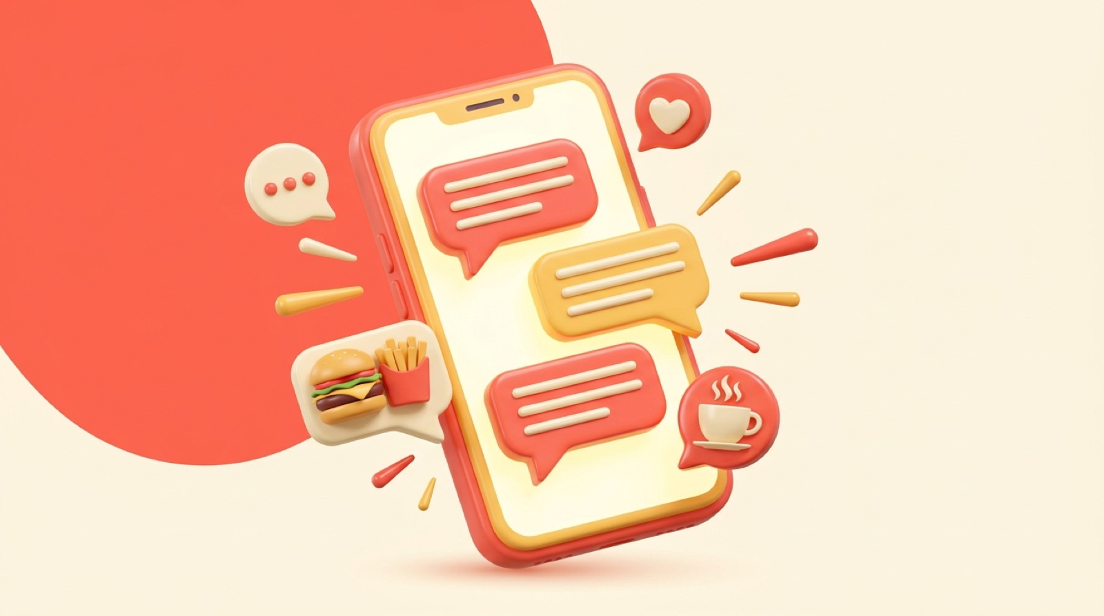 A phone showing a restaurant promo text with burger, fries and coffee icons